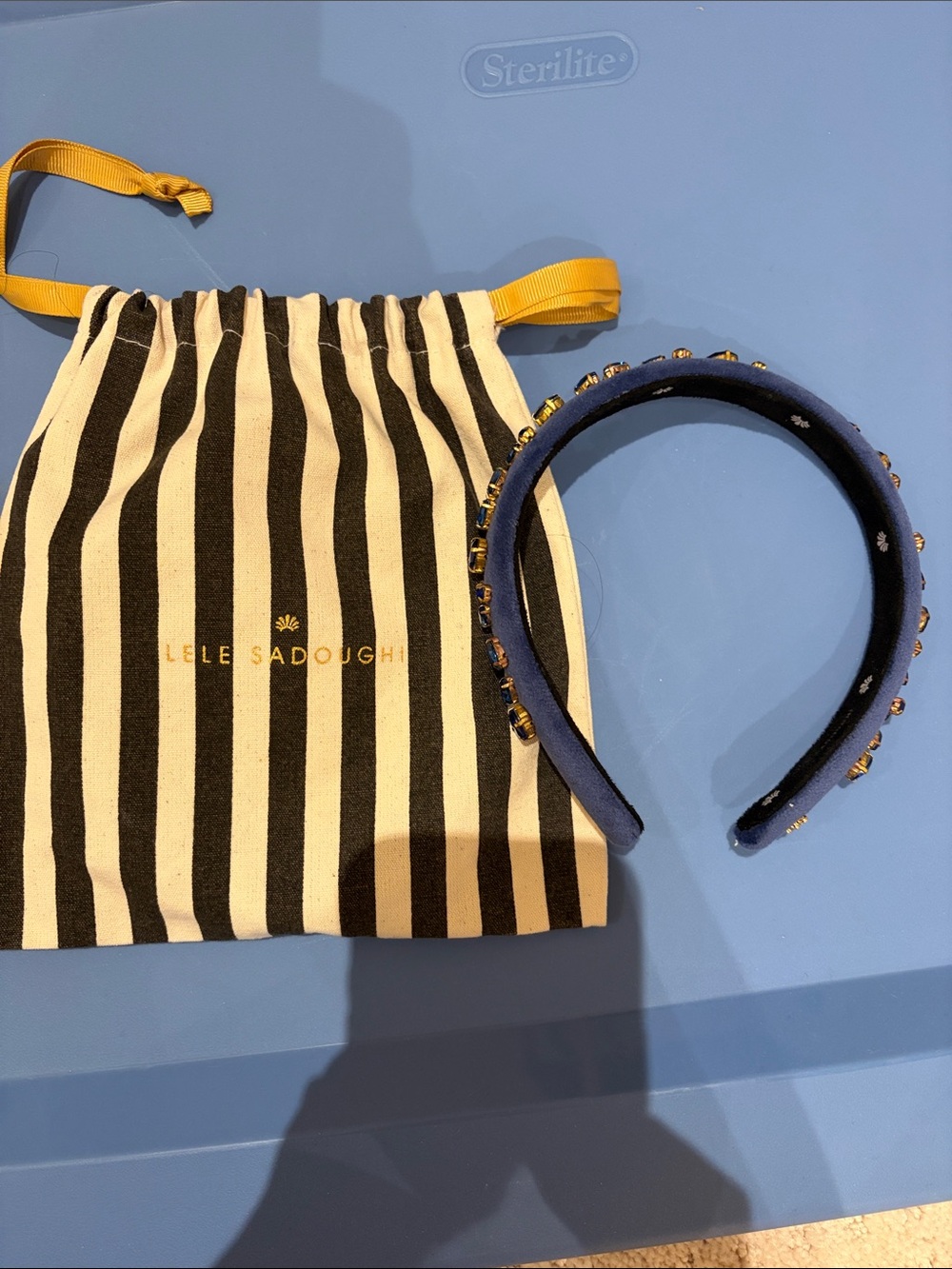 Lele Sadoughi Navy Blue Headband with Gold Stud Accents